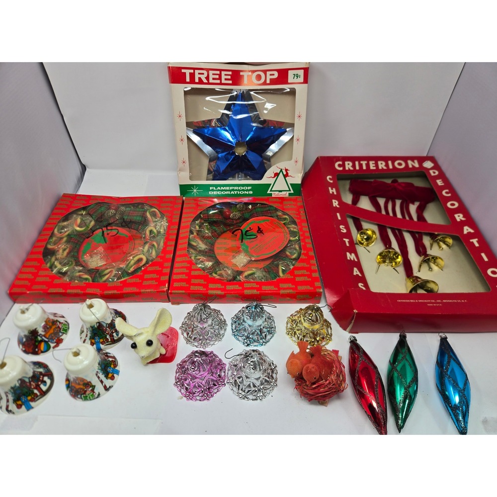 Vintage Christmas Ornament Decor Lot National Tree Topper Criterion Bells Wreath